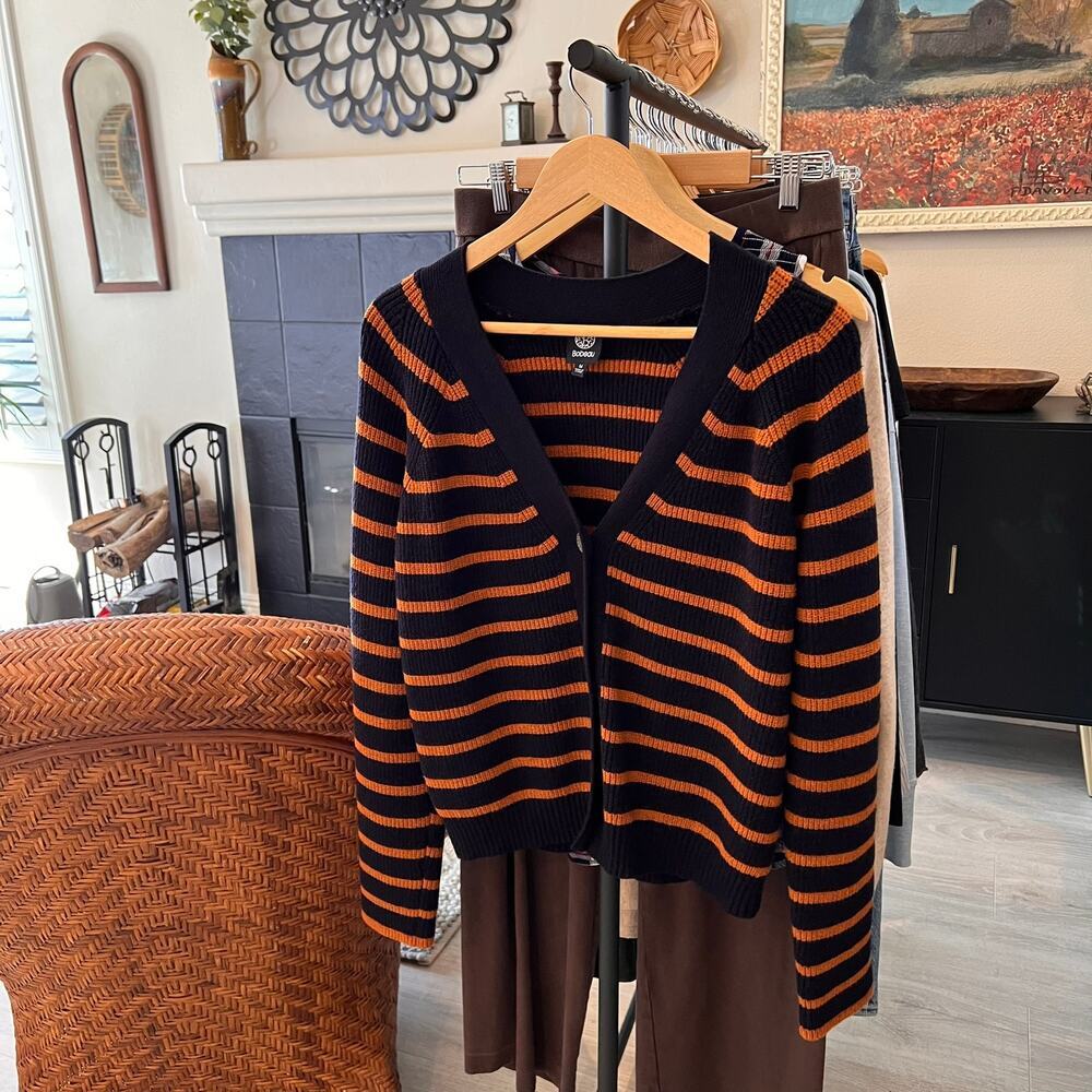 Bobeau Sweater Womens Size Medium Navy & Brown Striped Button Down Academia - Picture 16 of 16